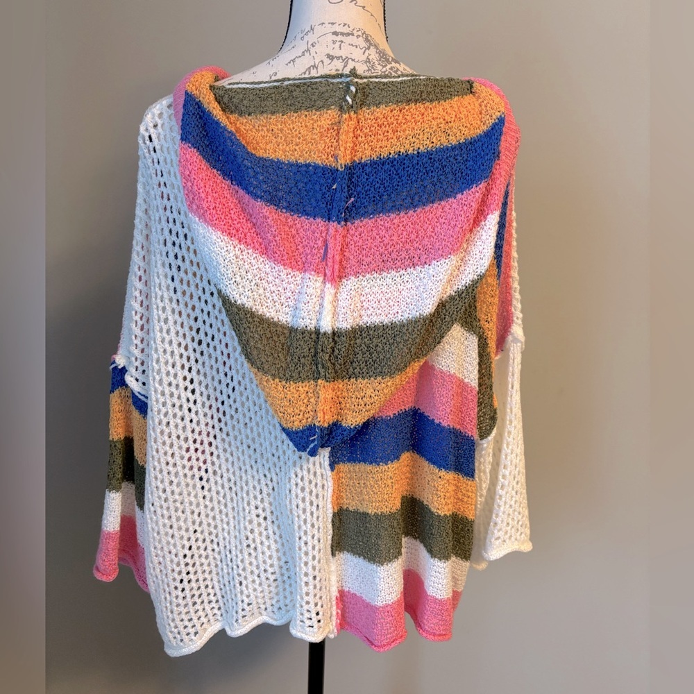 Pol Openwork Drawstring Color Block Hooded Knit T… - image 2